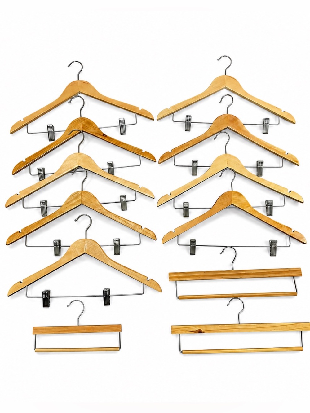 Lot of 12 Wooden Clothes Hangers w/ Clips & Pant Skirt Hangers GUC
